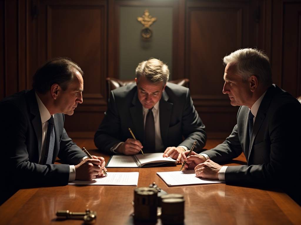 Directors signing confidentiality agreements in boardroom