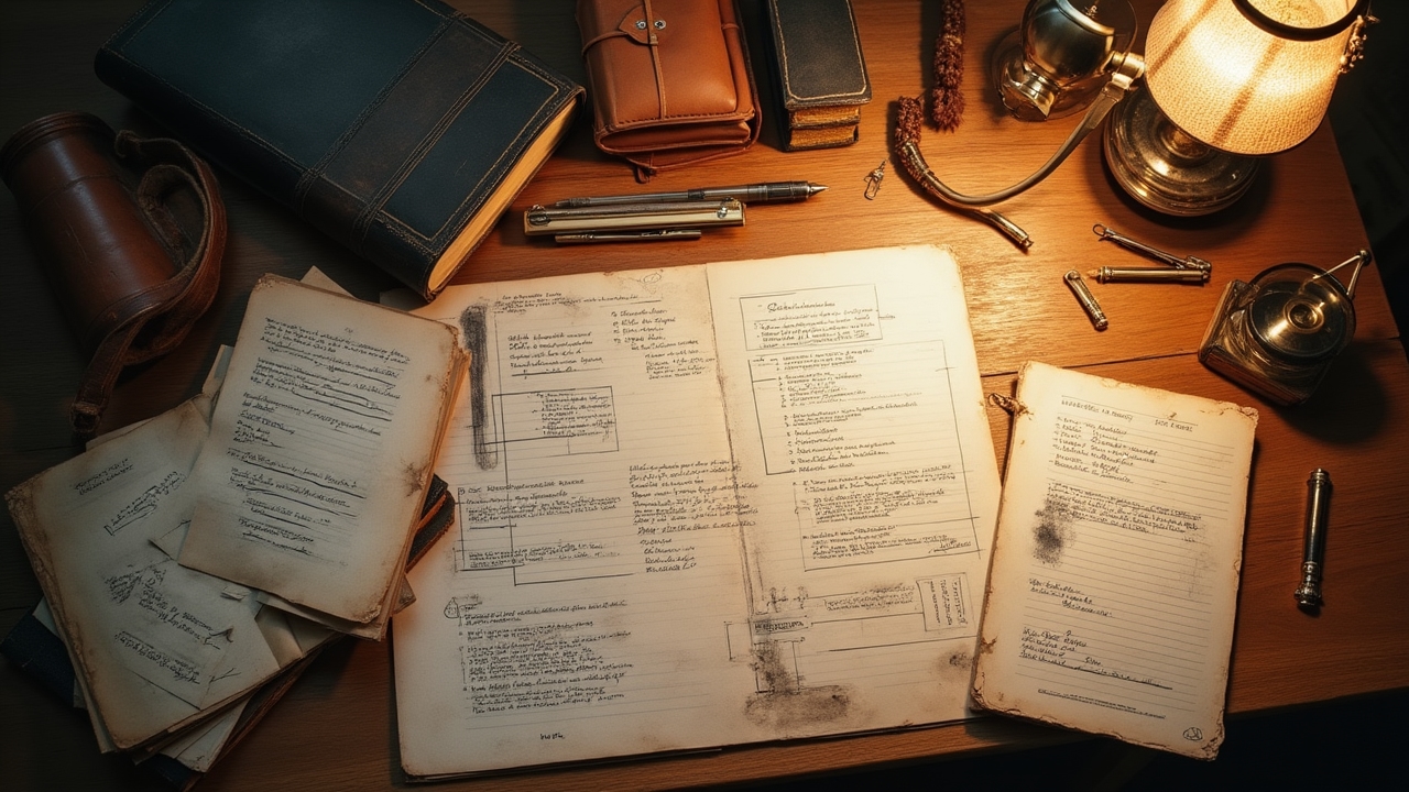 Director's desk with process documents arranged in flow diagram
